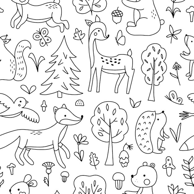 Seamless pattern of cute forest animals with nature elements in doodle style Hand drawn vector illus