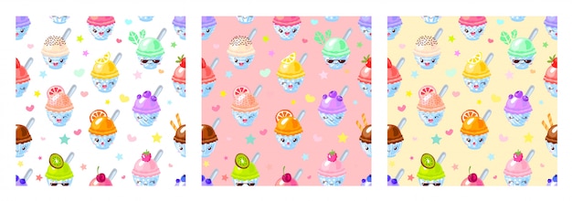 Seamless pattern cute fruit ice cream sorbet characters. Child style, strawberry, lemon, banana pastel color.