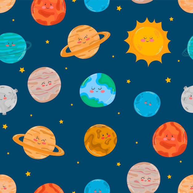 Seamless pattern Cute and funny planet laughing and smiling Vector illustration with the solar system planets and stars in flat design cute space object set for baby fashion