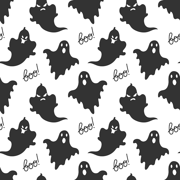 Seamless pattern, cute ghosts and the word boo. Halloween print, background, textile, vector