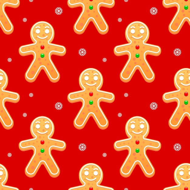 Seamless pattern, cute gingerbread men on a red background with snowflakes. Christmas print,textile