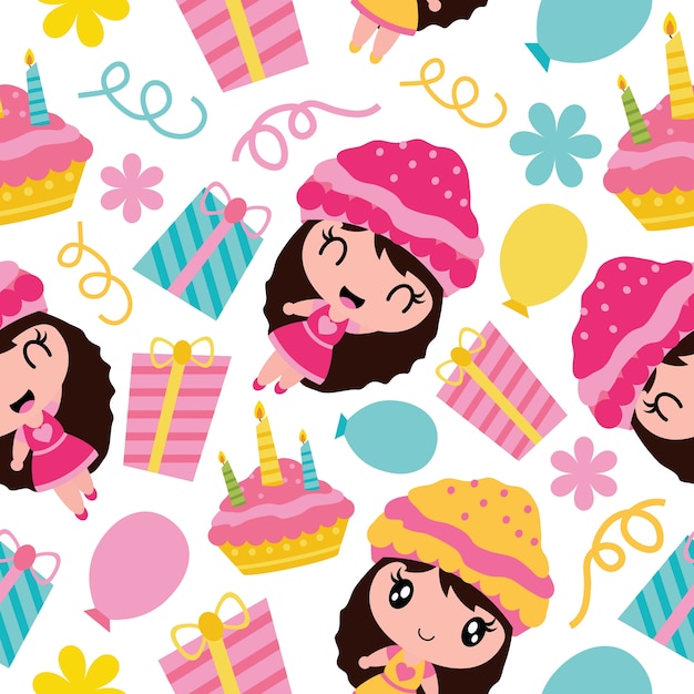 Seamless pattern of cute girl, birthday cake