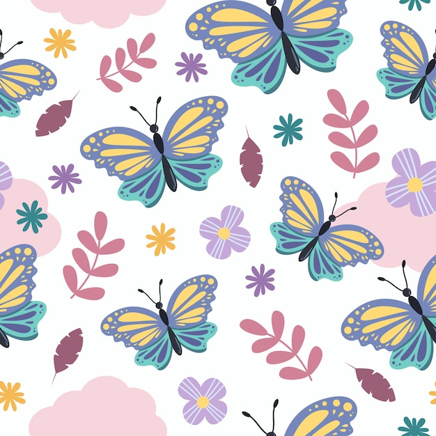 Seamless pattern of cute girly butterfly cartoon with flowers