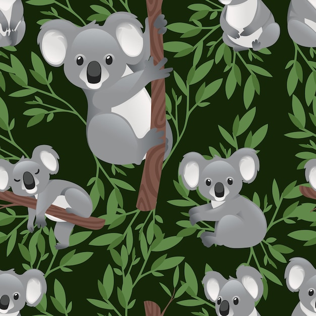 Seamless pattern of cute grey koala bear in different poses eating sleeping leaves cartoon animal design flat vector illustration on green background with leaves