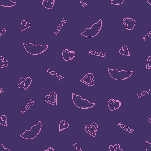 Seamless pattern of cute hearts lips inscription love and kiss wallpaper background for Valentines day Vector illustration concept wedding