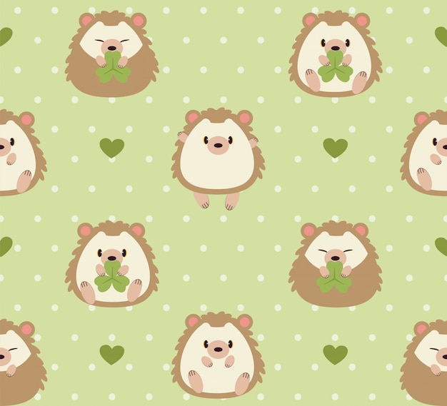 The seamless pattern of cute hedgehog and grass in the garden.