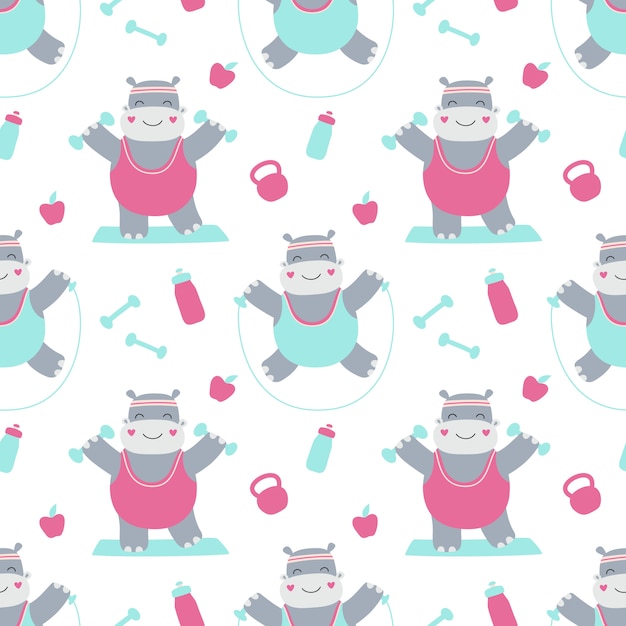 Seamless pattern cute hippos play sports, fitness exercises, active training. Illustration for children.