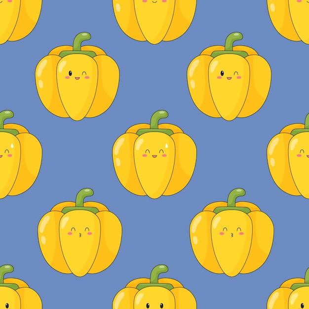 Seamless pattern of cute kawaii yellow pepper. Vegetable print with different emotions of pepper. Flat vector.