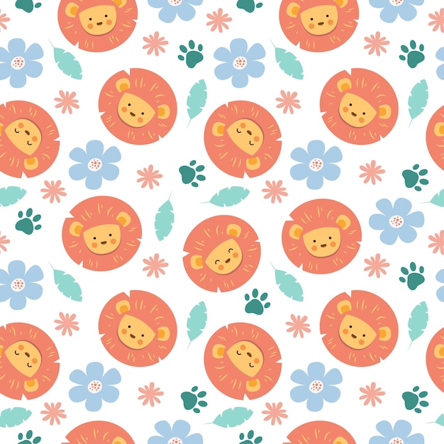 Seamless pattern of cute lion cartoon with flowers and footprints