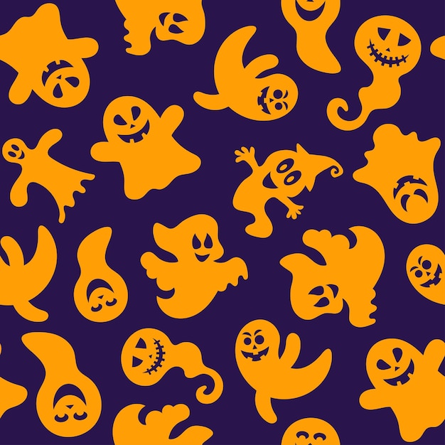 Vector seamless pattern of cute little cartoon ghosts on lilac background seamless vector pattern