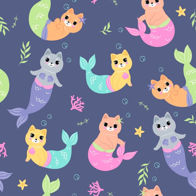 Seamless pattern of cute mermaid cats Vector graphics