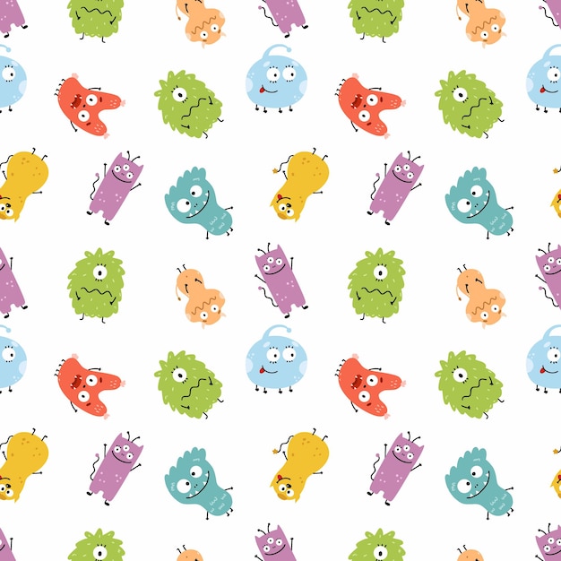 Seamless pattern cute monster. Set characters for children clothing. Endless background in nursery. Wrapping paper for holiday.