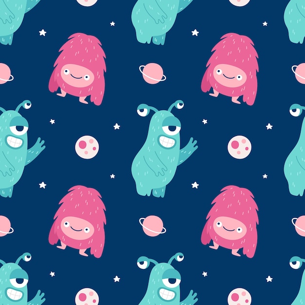 Seamless pattern of cute monsters for print packaging fabric wallpaper