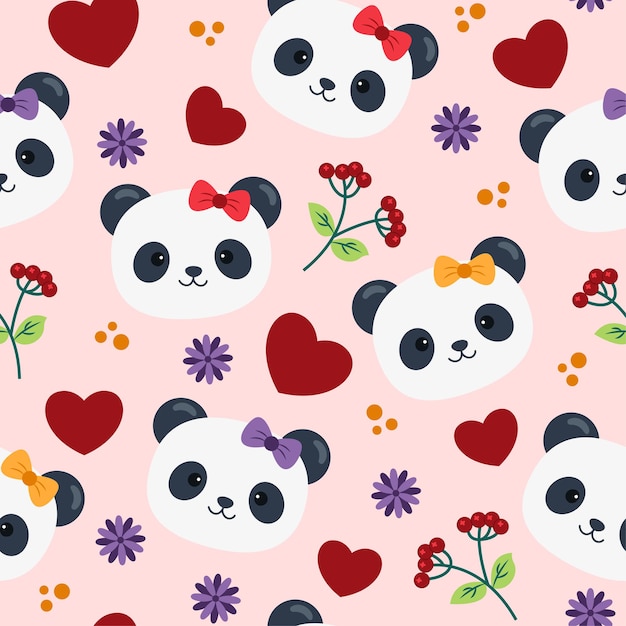 Seamless pattern of cute panda with heart and flowers