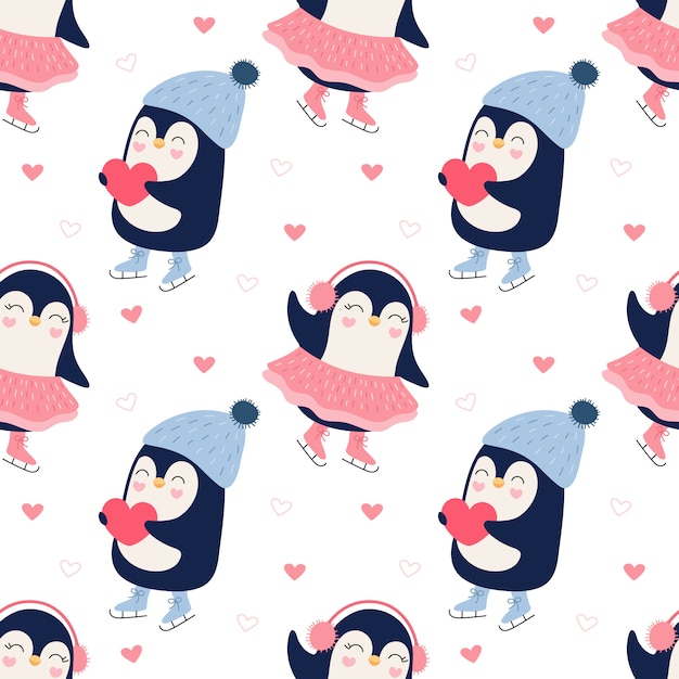 Seamless pattern of a cute penguins ice skating couple.