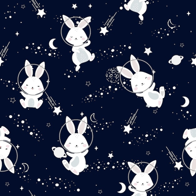 Seamless pattern cute rabbit on spaceland. Design for, wallpaper, wrapping, fabric, and all your cre