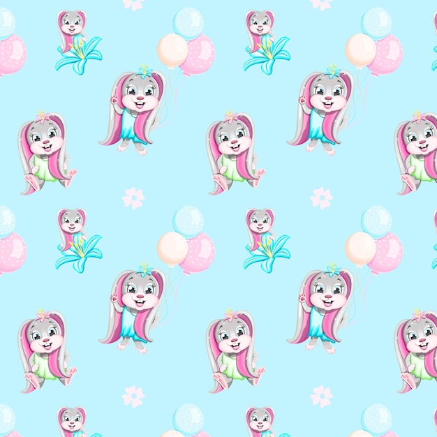 Seamless pattern cute rabbit with flower and balloons