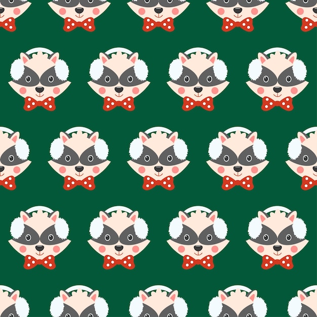 Vector seamless pattern cute raccoon in fluffy headphones and polka dots bow tie happy new year holiday