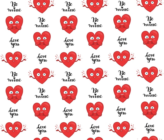 Seamless pattern of cute red cartoon hearts on a white background