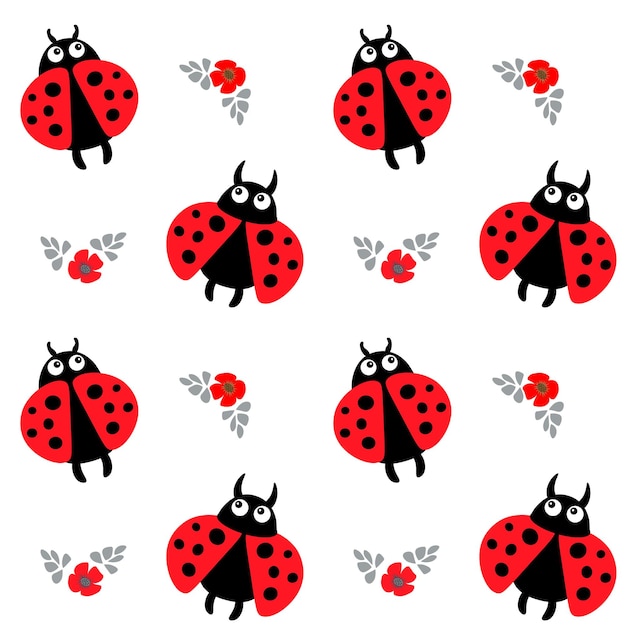 Seamless pattern cute red ladybugs and small redgray flowers on a white background