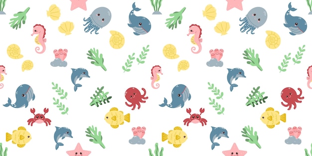 Seamless pattern of Cute sea animals Vector flat illustration pattern for wrapping textiles