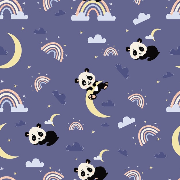 Seamless pattern Cute sleeping panda and bear cub on moon on purple background with rainbows clouds