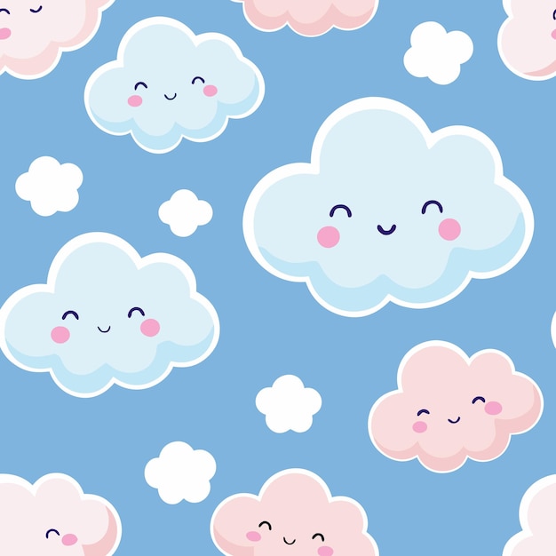 Vector seamless pattern of cute smiling clouds on a blue background