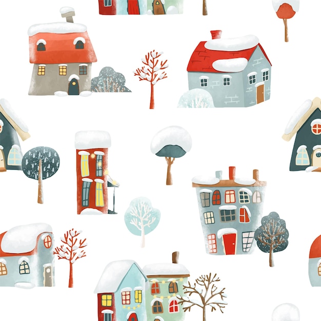 Seamless pattern of cute snowy winter houses and trees