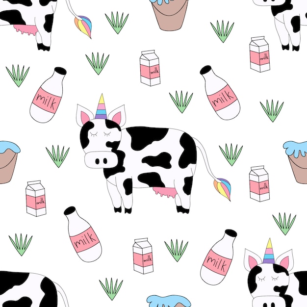 Seamless pattern cute unicorn cartoon hand drawn style.