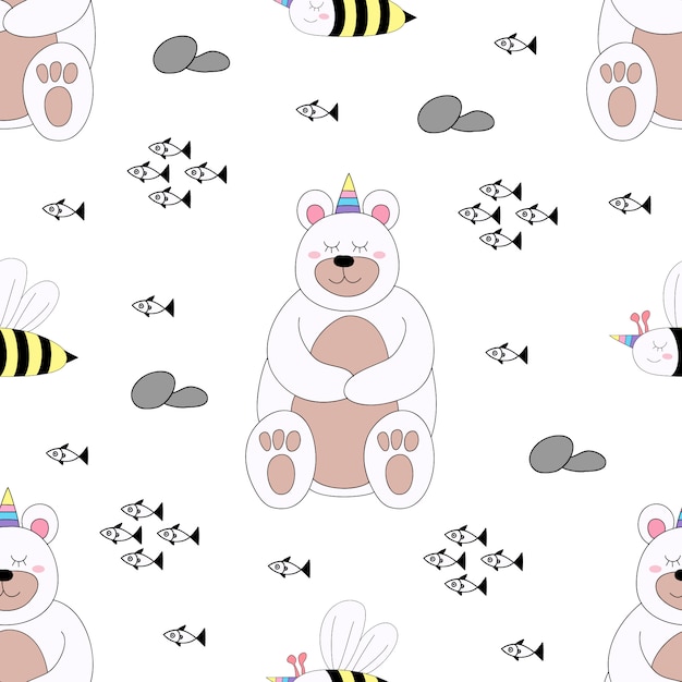 Seamless pattern cute unicorn cartoon hand drawn style.