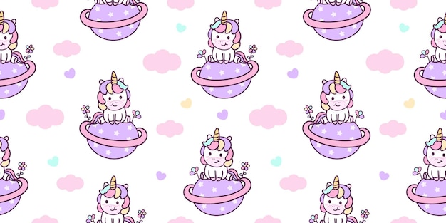 Seamless pattern cute unicorn sit on Saturn star with flower kawaii animals