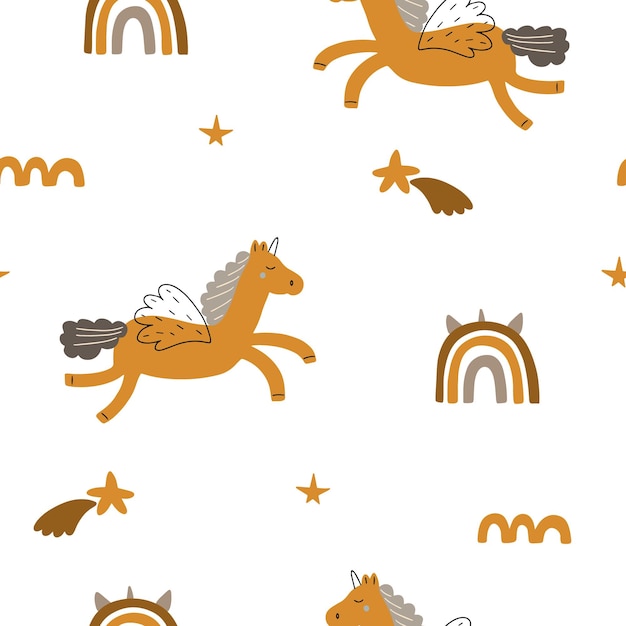 Seamless pattern of cute unicorns in boho style Vector illustration isolated on white background fo