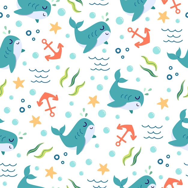 Seamless pattern of cute whales cartoon in ocean