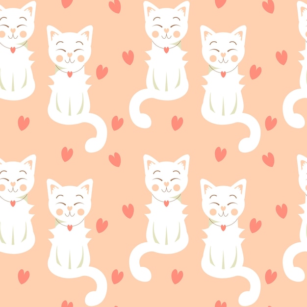 seamless pattern cute white kitties  girls with a necklace  hearts