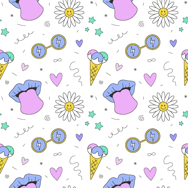 Seamless pattern of daisy, sticking tongue, glasses. Concept of 2000s, 1990s, 00s, Y2k aesthetic