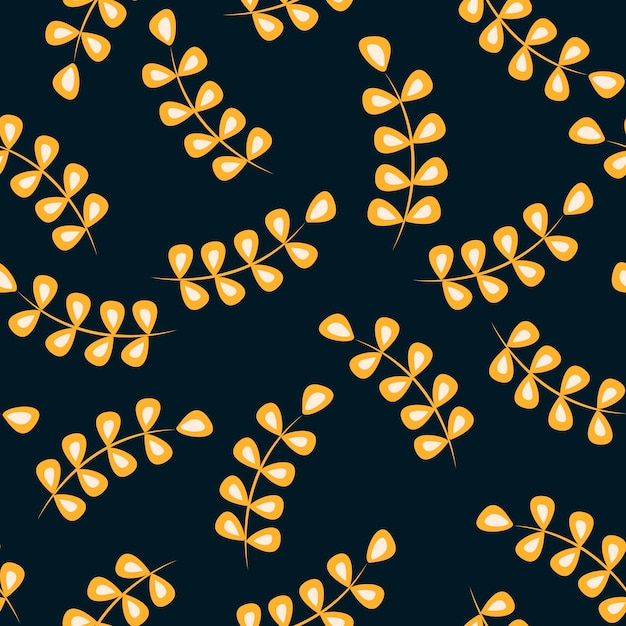 Seamless pattern on a dark background of golden twigs with petals