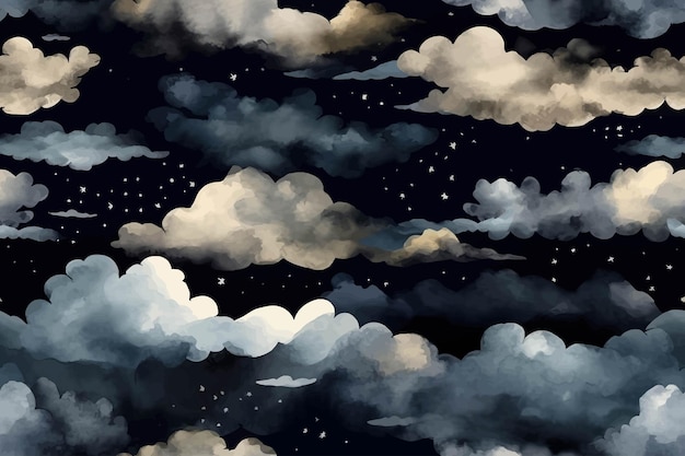 A seamless pattern dark sky with clouds and stars