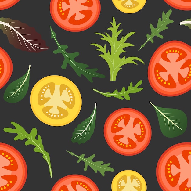 Seamless pattern on dark with red and yellow tomatoes.