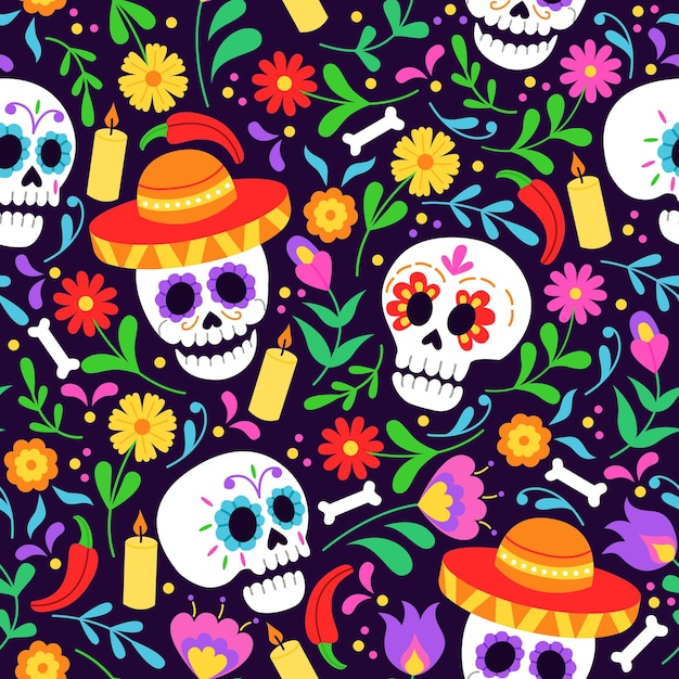 Seamless pattern for Day of the dead holiday. Background with skulls and floral ornament.