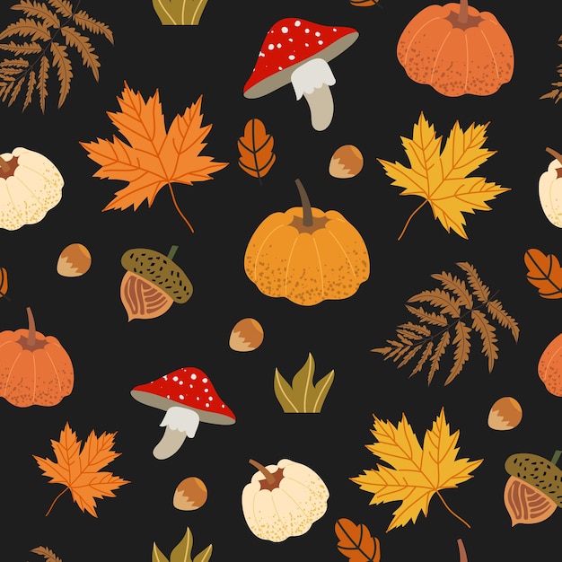 Seamless pattern decorated with floral elements like walnut, acorn, maple leaves, pumpkin, mushrooms and fern. Autumn harvest illustrations that can be used as textile, fabric, wrapping paper print.