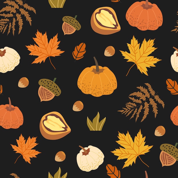 Seamless pattern decorated with floral elements like walnut, acorn, maple leaves, pumpkin, mushrooms and fern. Autumn harvest illustrations that can be used as textile, fabric, wrapping paper print.