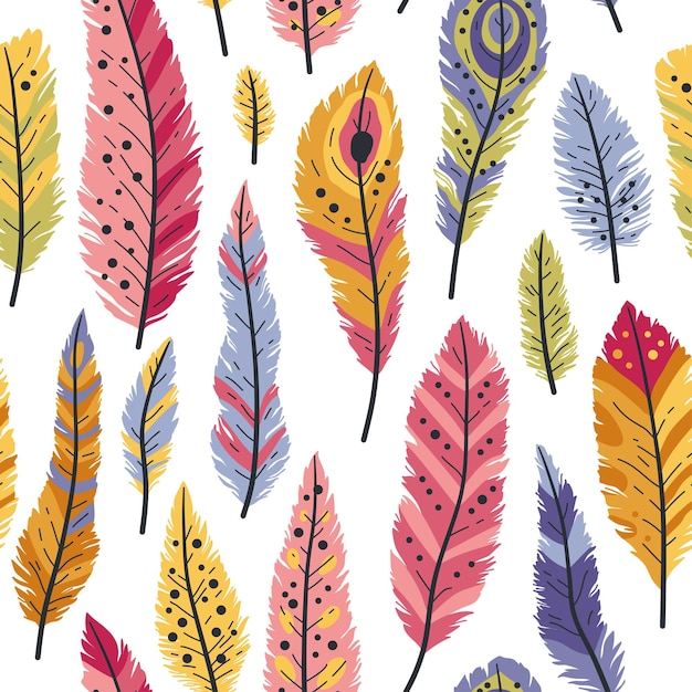 Seamless pattern of decorative colored animals tribal feathers