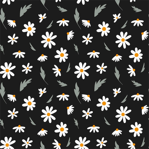 Seamless pattern of decorative flowers and chamomile leaves Romantic vintage background for textile fabric decorative paper on a dark background