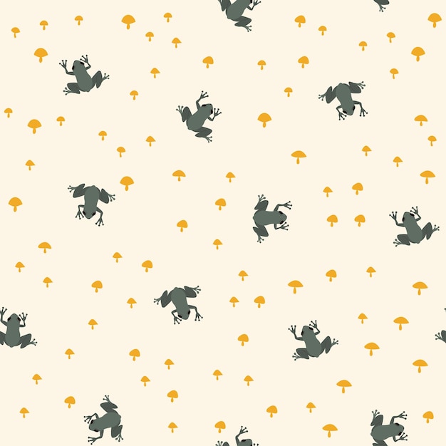  Seamless pattern in delicate green, yellow colors. Nature, forest, mushrooms, frog Hand drawn