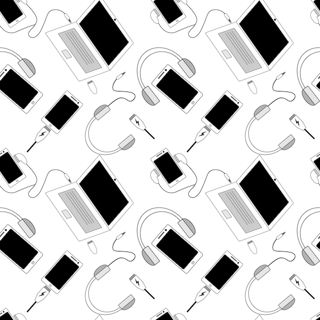 Seamless pattern design communication equipment cellphone laptop charger white and black texture white background modern communication technology wallpapers