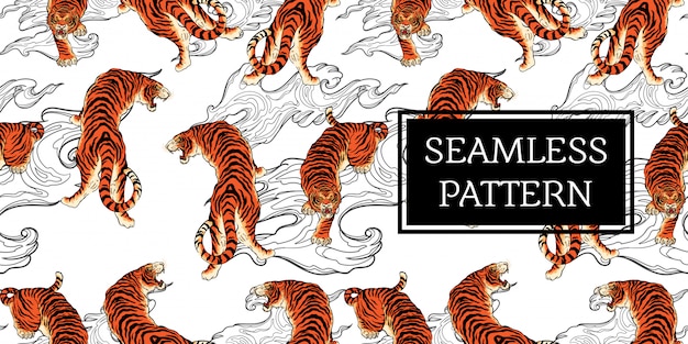 seamless pattern design tiger tattoo japan style