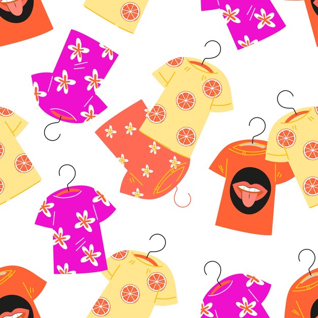 Seamless pattern design with bright summer tshirts flat vector illustration