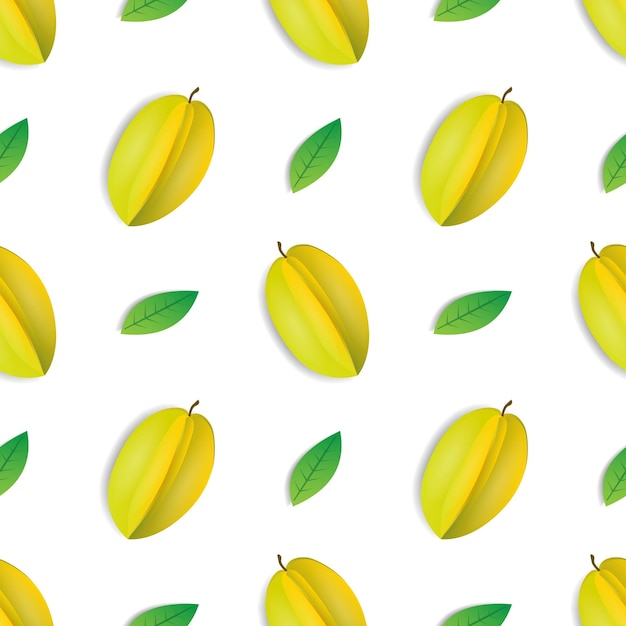 Seamless pattern design of yellow star fruit and green leaves on a white background modern and print ready fruit wallpaper on fabric vector illustration