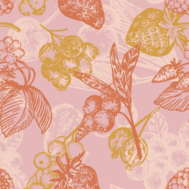 Seamless pattern of different berries Summer fruit berry ornament Hand drawn vector illustration Retro engraving style design for decor wallpaper background