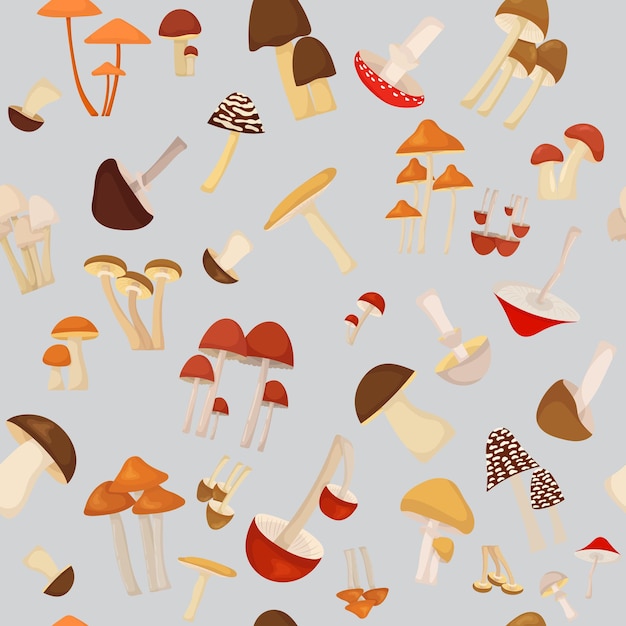 Seamless pattern different mushrooms on gray background vector